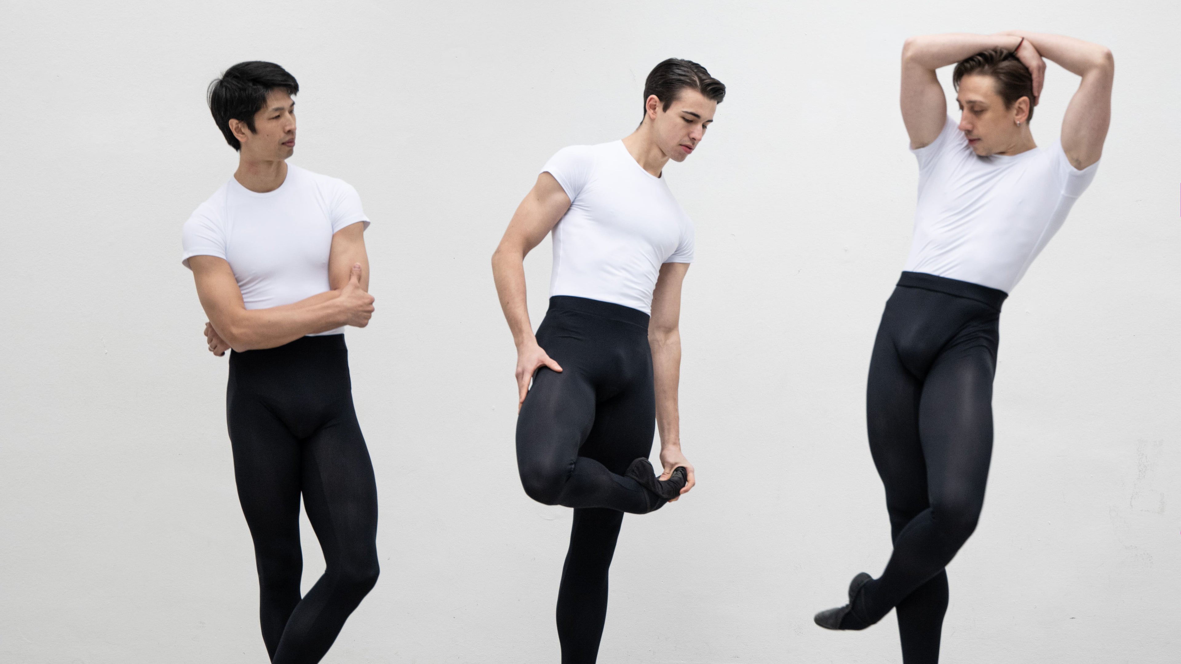 Denys Cherevychko, Masayu Kimoto, and Victor Cagnin showcasing the form, elegance, and flexibility of Balance by Cherevychko's dancewear during the Studio to Stage campaign.